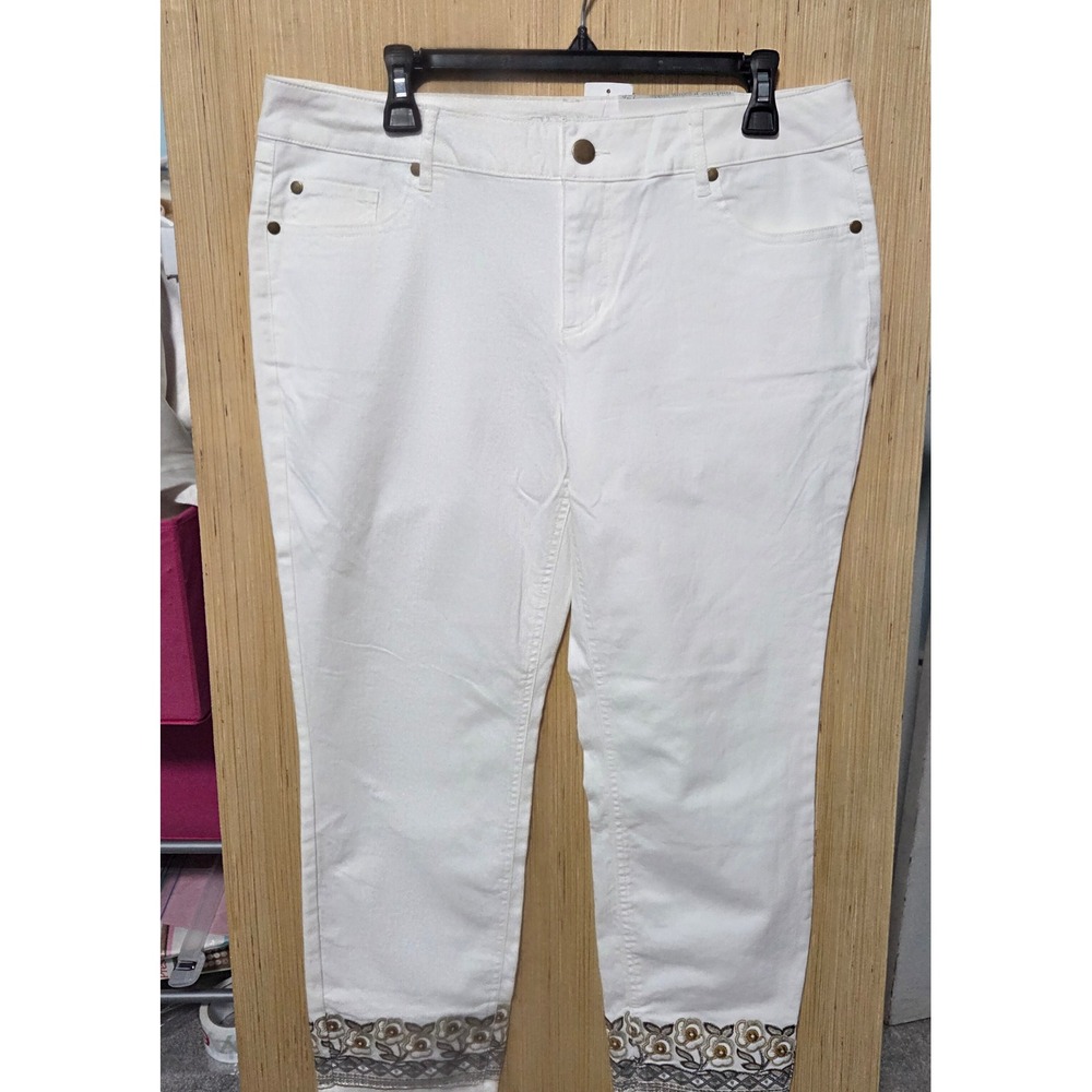 Cato Size 12P Ladies Embroidered Ankle Pants White Denim Jeans